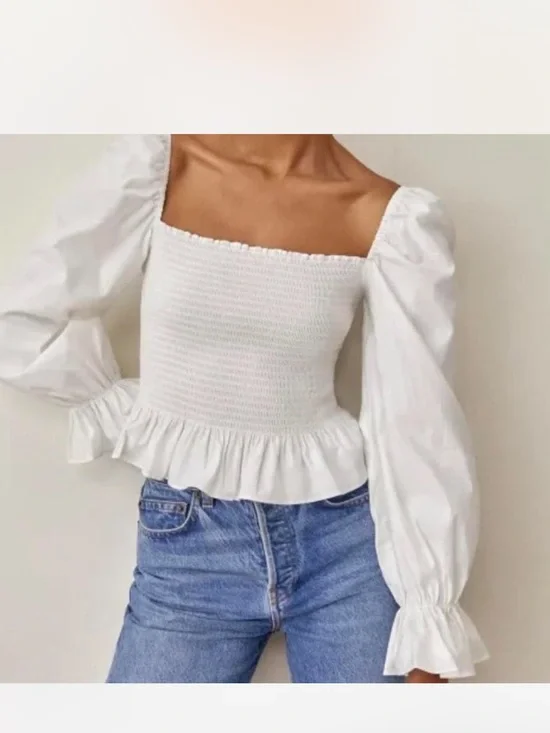 Reformation White Smocked Square-Neck Top with Peplum & Puff Sleeves