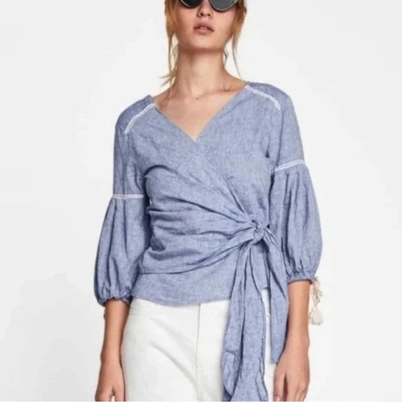 Zara Light Blue Chambray Wrap Blouse