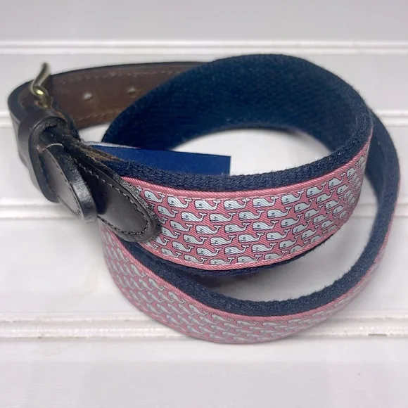 VINEYARD VINES EUC Classic Whale Canvas Club Leather Silk Belt