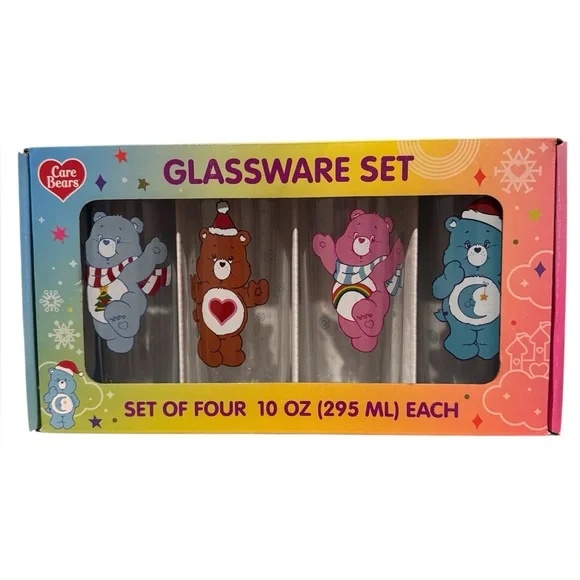 Care Bears Gift Bundle Set of 4 Holiday Christmas Drinking Glasses NWT