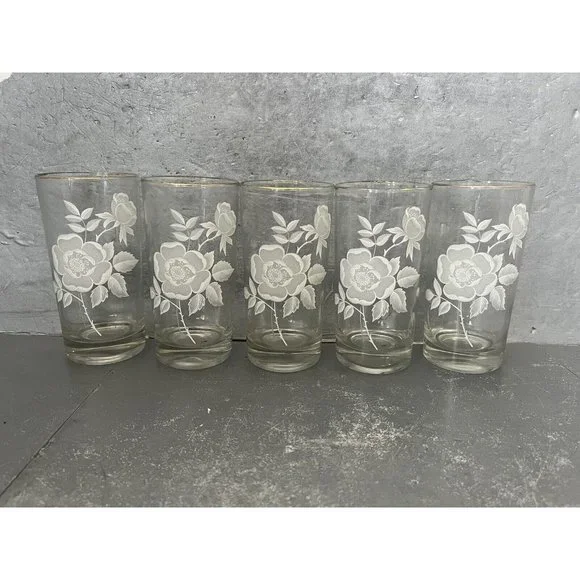 Vintage Wild Rose Floral Juice Glasses Gold Rim Tumblers Set of 5