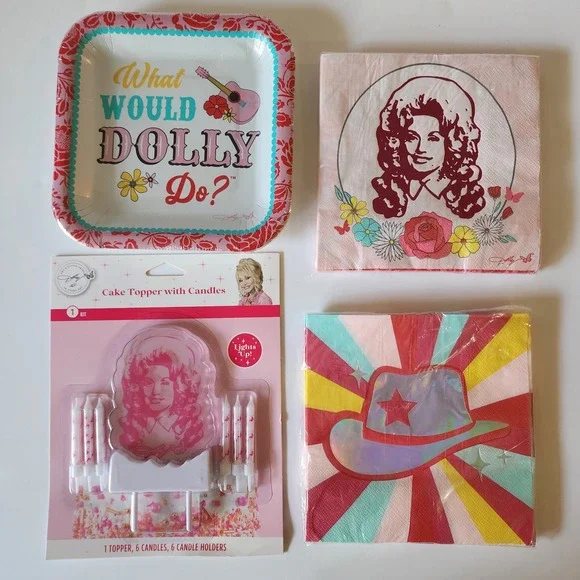 Dolly Parton Light Up‎ Cake Topper w/Candles, 2 Packs Napkins & Plates Lot 4