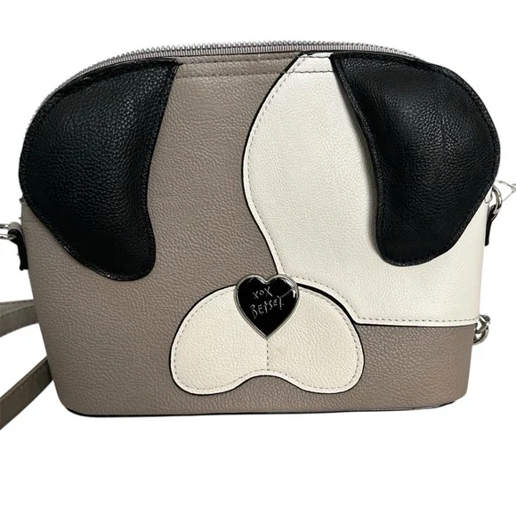 Betsey Johnson Vegan Dog Face Crossbody Bag Taupe Black Ivory NWT