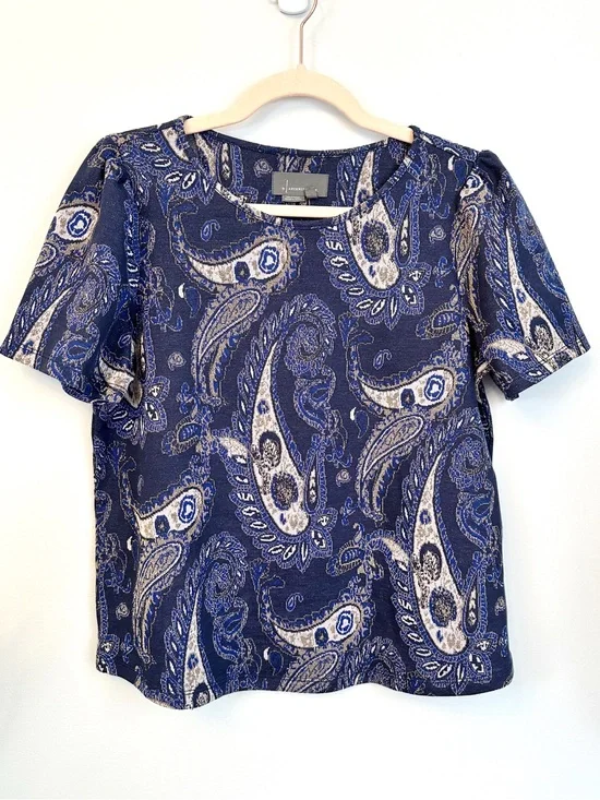 Anthropologie Celestial Blue Metallic Paisley Blouse with Puff Sleeve Detail B2