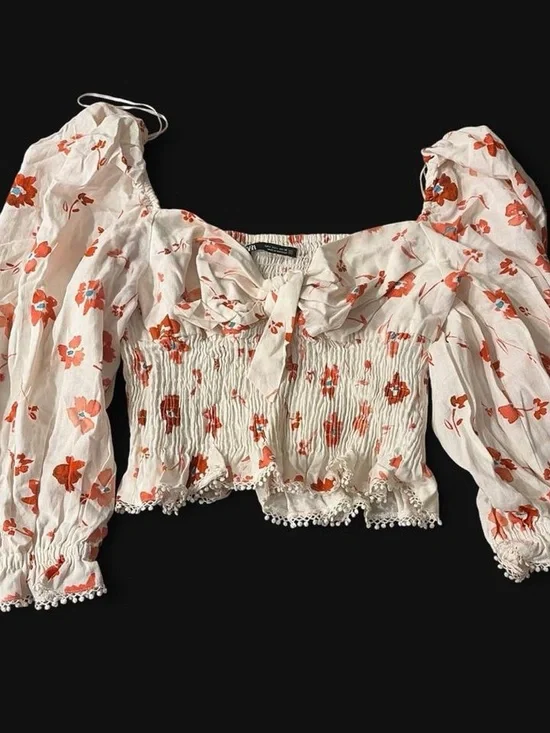 Zara White Cropped Smocked Top with Orange Floral Print