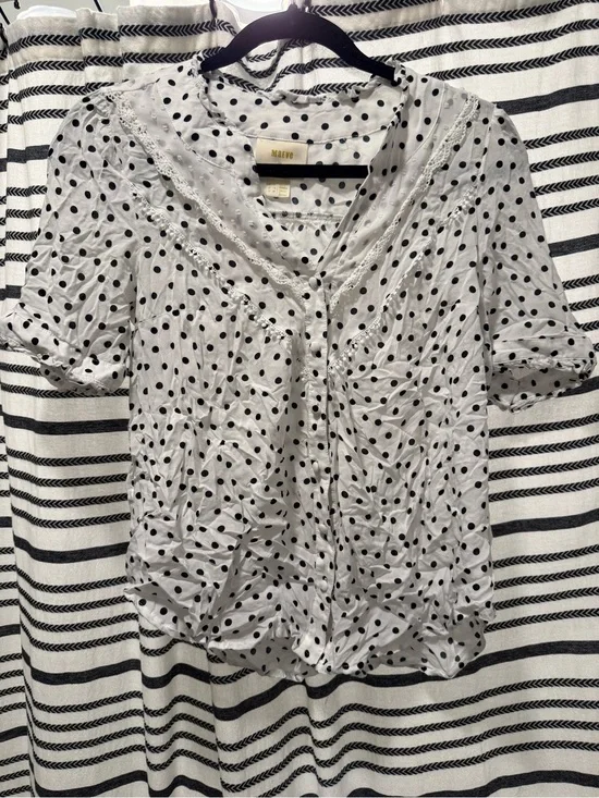 Anthropologie White Blouse with Black Polka Dots