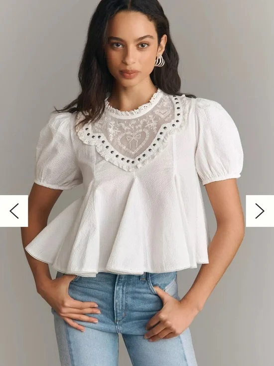 Anthropologie White Lace Yoke Puff Sleeve Peplum Blouse