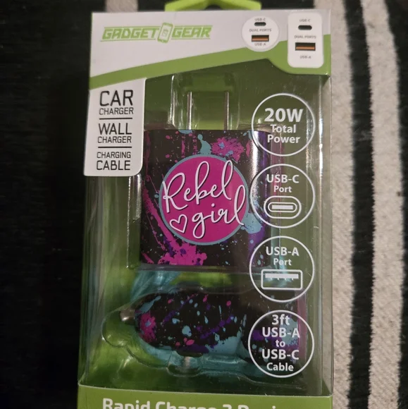 Rebel Girl Rapid Charge 2 Devices At The Same Time Usb-a Usb-c 3ft 20 Watt Charg