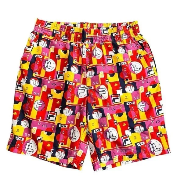Vintage FILA Sz L Vibrant Geometric All Over Logo SPORT Shorts Swimming Trunks