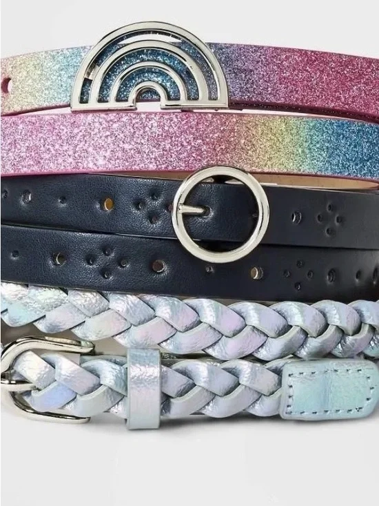 Cat & Jack Girls Rainbow Glitter, Black & Iridescent Belt Trio