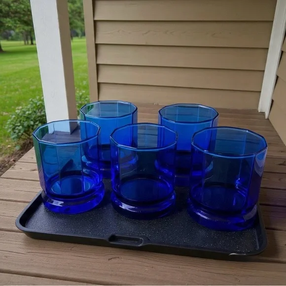 Vintage Anchor Hocking Cobalt Blue Essex 10 Panel Rocks Glasses Lowball Set of 5