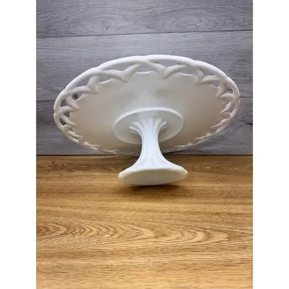 Large Colony Milk Glass Footed Cake Stand with Open Lace Edge 13-5/8” Diameter