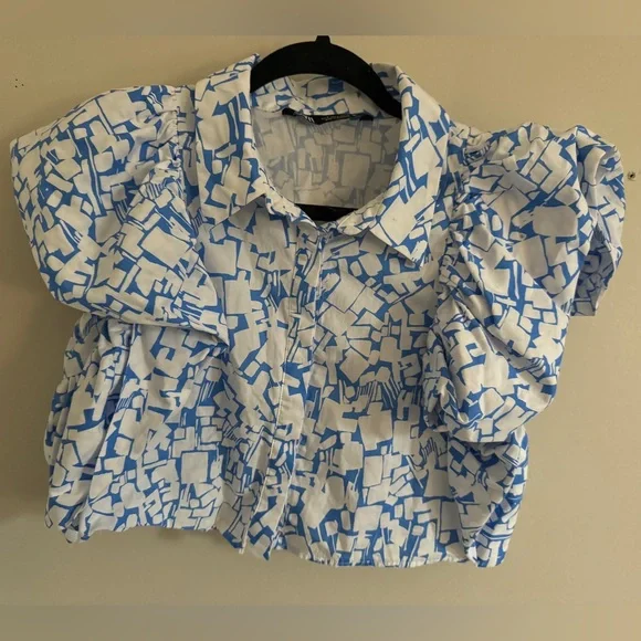 Zara Camisa Cropped Popelina Blue White Puff Sleeve Shirt Blouse Size S