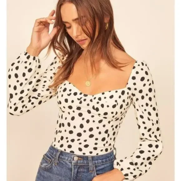 NWT Reformation Reign Polka Dot Corset Smocked Puff Sleeve Top 12