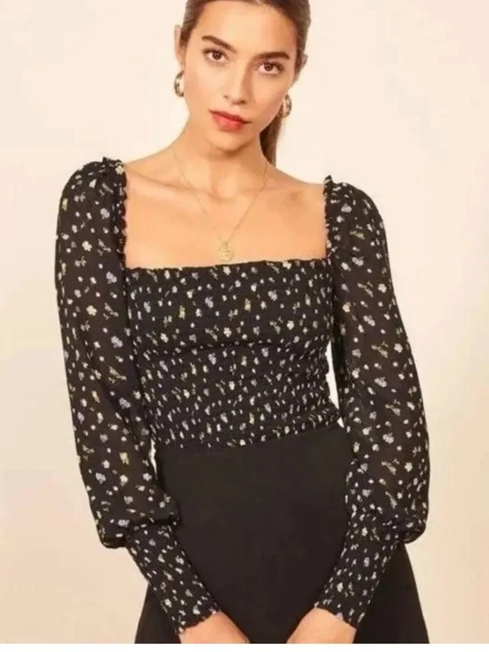 Reformation Black Floral Smocked Square-Neck Blouse