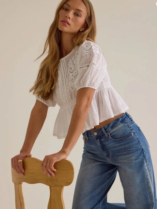Zara Women’s White Cotton Sheer Eyelet Peplum Blouse