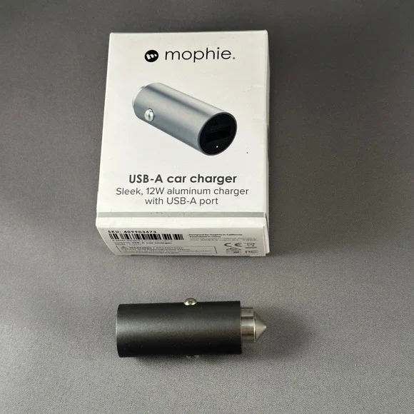 mophie USB A Car Charger Sleek Aluminum 12W Silver‎