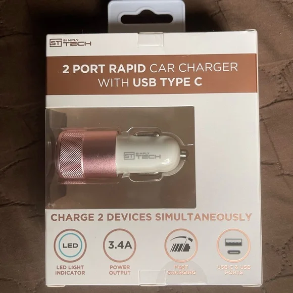 New 2 Port Rapid Car Charger With USB + USB Type C
