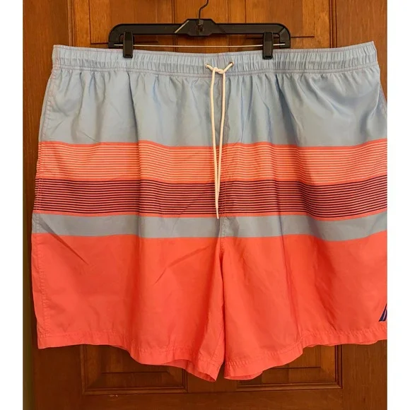 Nautica Swim Trunks Mens 6XL Striped Coral/Blue Mesh-Lined Board Shorts