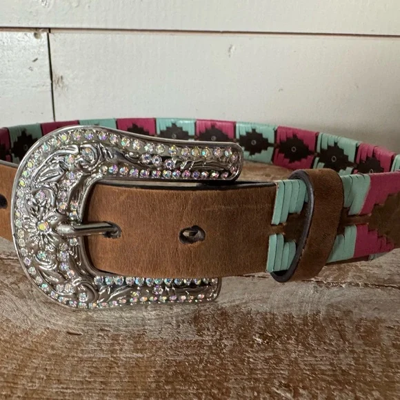 Girls 26 M&F Western Rhinestone Buckle Leather Belt Pink Aqua