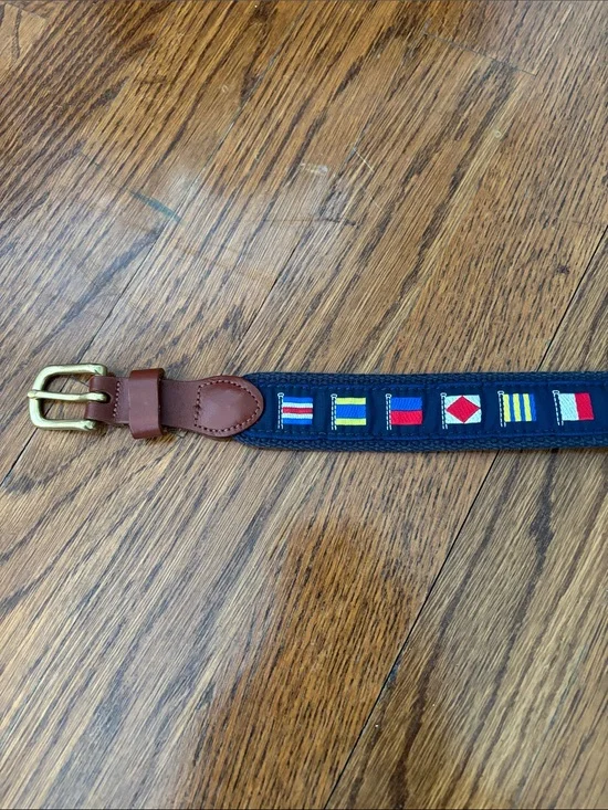 Navy Kids Nautical Flag Belt with Brown Leather Trim — size 28