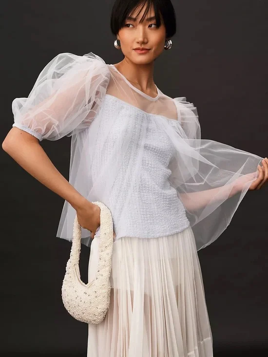Anthropologie Grey Sheer Puff-Sleeve Mesh Blouse