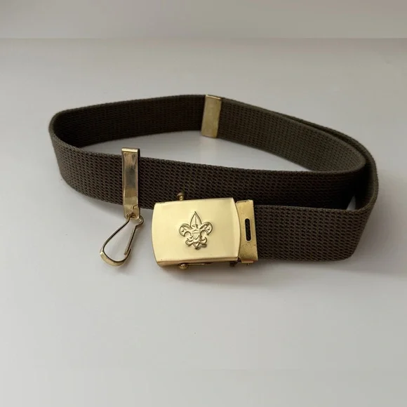 BSA Boy Scouts Vintage Brass Buckle Green Uniform Belt w/Knife Holder - Size S/M