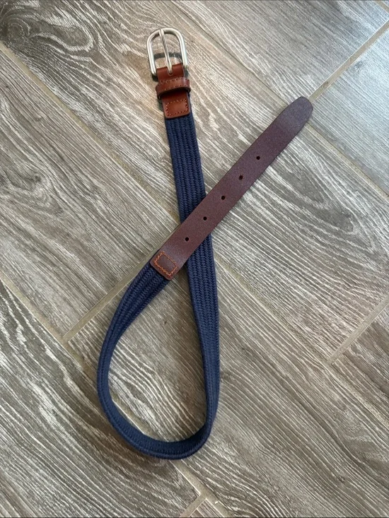 Crewcuts Boys Navy Blue Woven Belt with Brown Leather Trim Size Medium EUC