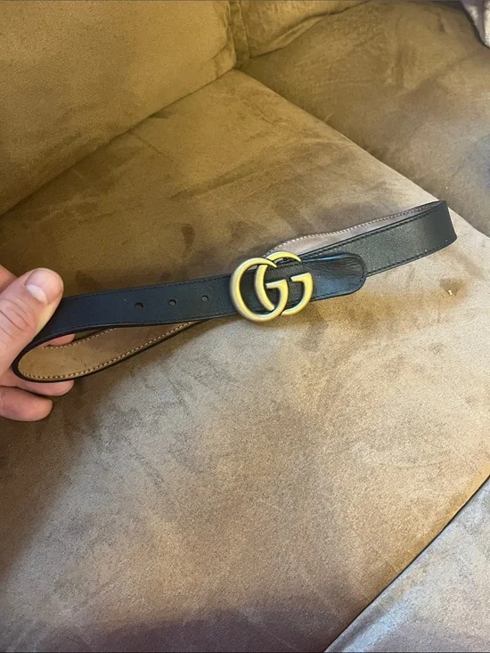 Gucci kids Black Leather Belt with Antique Gold Double G Buckle