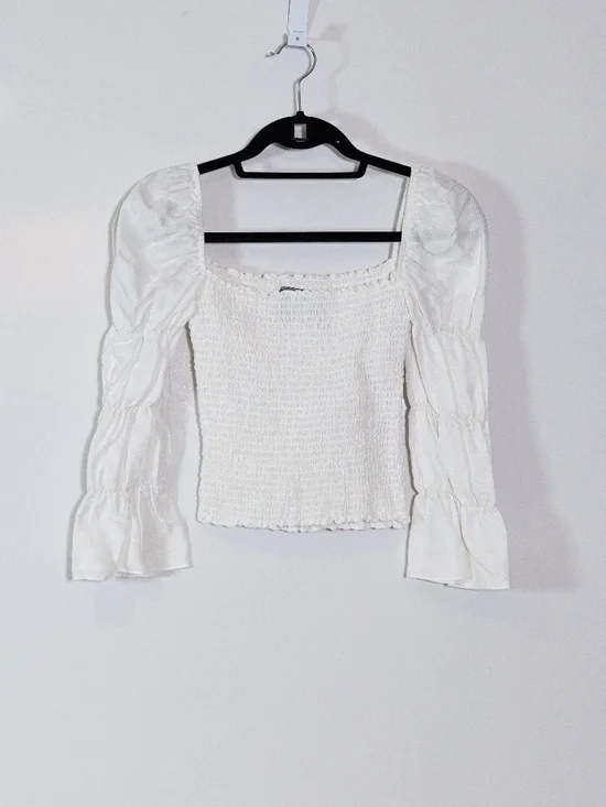 Reformation Gala Linen Blend Smocked Bodice Long Sleeve Square Neck Blouse Top
