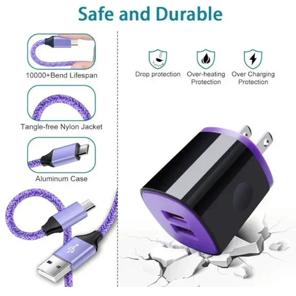 ''FAST CHARGING DUO | PURPLE MICRO USB WALL PLUG & CORD SET 