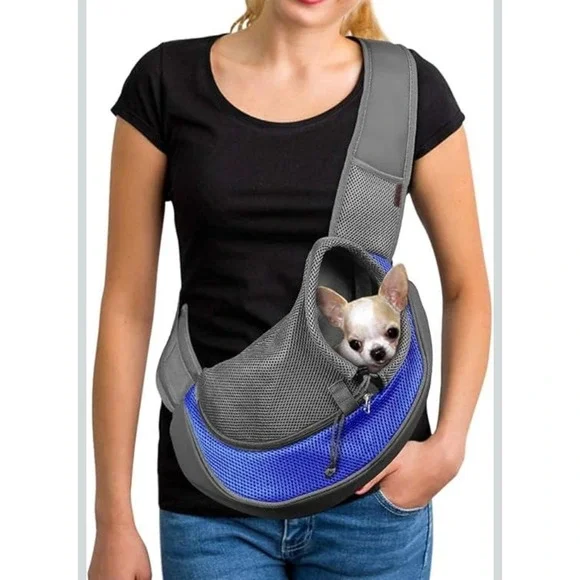 Hands Free Pet Carrier Sling Small Dog Cat Mesh Travel Bag Blue Grey Adjustable
