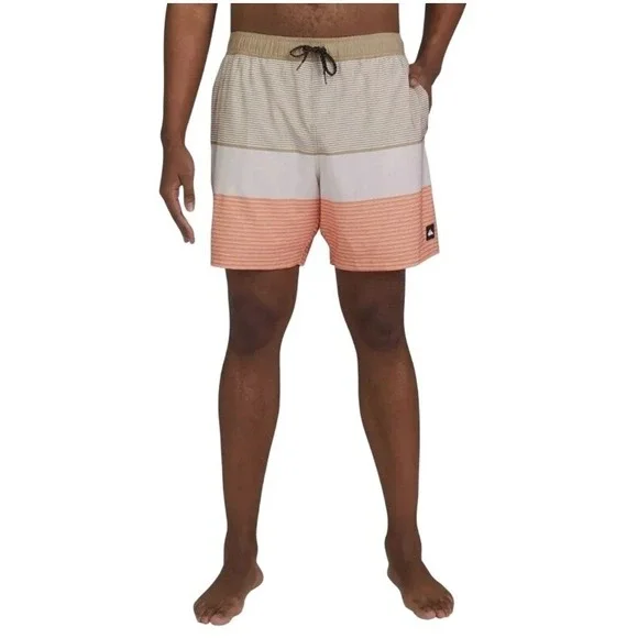 Quiksilver Swim Trunks Mens Large Tan Orange New Striped 7 Inseam Board Shorts