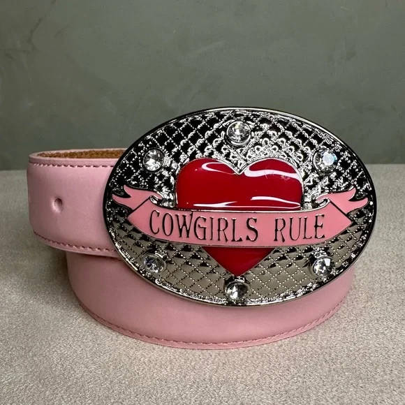 Nocona Cowgirls Rule Rhinestone Pink Western Leather Belt Girl’s Size 24