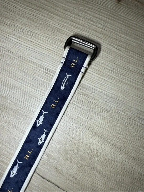 Ralph Lauren Polo Youth Belt Sharks Fish Bones Ribbon Double D Ring 32