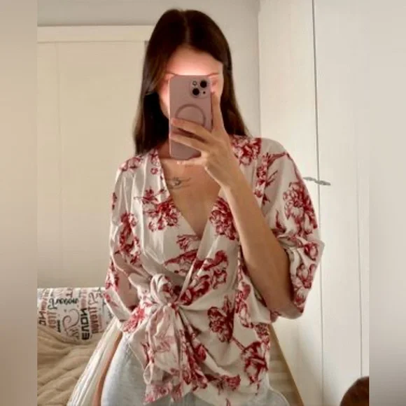 Zara Linen Blend Floral Cropped Puff Sleeve Wrap Top Size XS