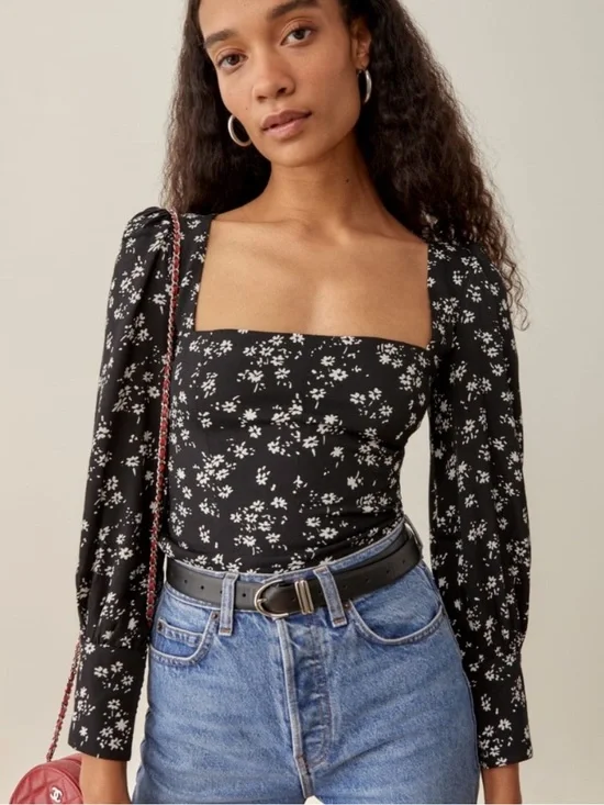 Reformation Black Floral Square-Neck Long Sleeve Top