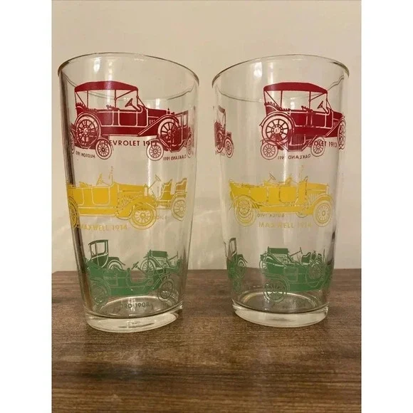 Vintage Red Green Yellow Antique Cars Automobiles Drinking Glass Mid Century Mod