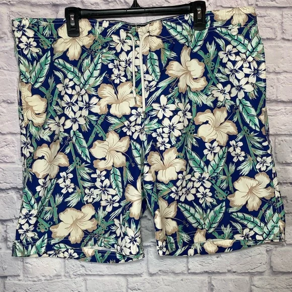 Lands' End‎ Mens Blue Floral Cargo Swim Trunks Size L 36-38 Suit Board Shorts