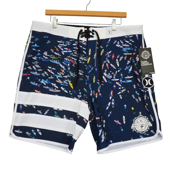 NEW Hurley Board Shorts Mens 36 Blue Ben Carlson Foundation Surfer Print Phantom