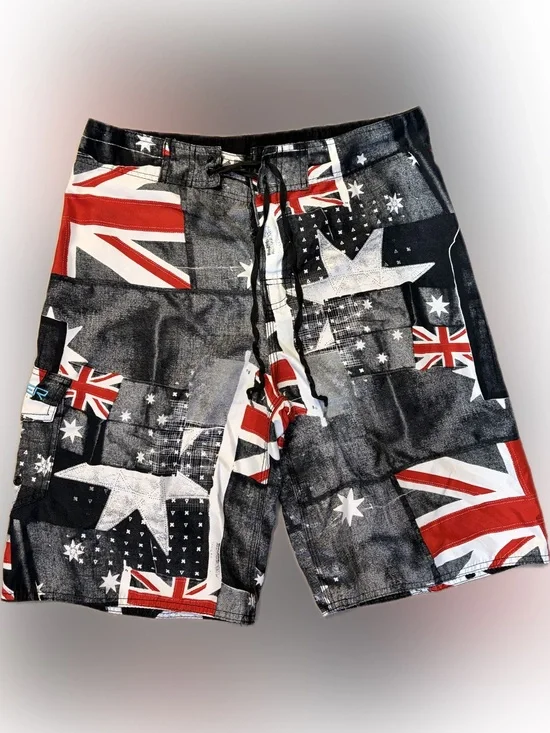 🌊🏄‍♂️ Quiksilver Men’s Black, White & Red Graphic Swim Trunks 🖤❤️🤍