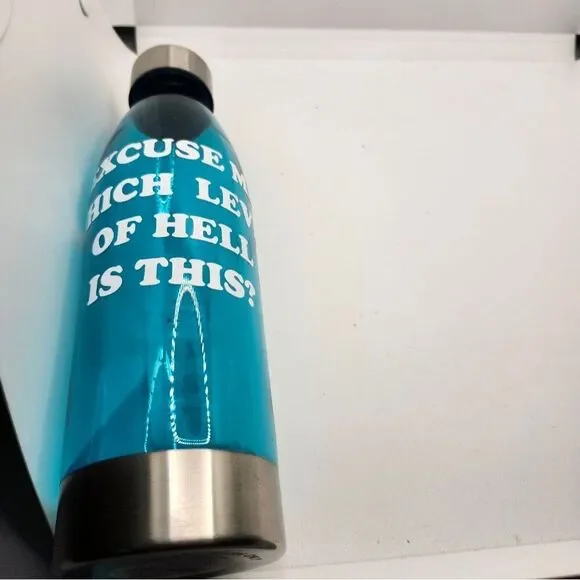 Hand Crafted Travel Water Bottle Plastic Steel Lid, Bottom Blue Funny Saying