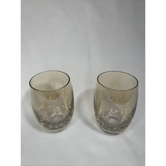 VINTAGE Glass Tumblers 16 oz. IRIDESCENT YELLOW GOLD Bulbous 2 Pc Set