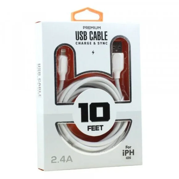10 FT Lighting 2.4A Heavy Duty Strong Durable Charge and Sync USB Cable (White)