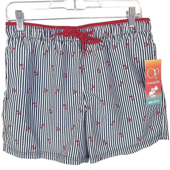 OP Men’s Swim Trunks NWT Navy/White Vertical Striped w/Red Anchors Elastic Waist
