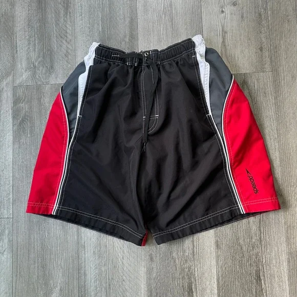 Speedo Y2K surf Black Red Swim Trunks Mesh Liner Men's Large embroidered