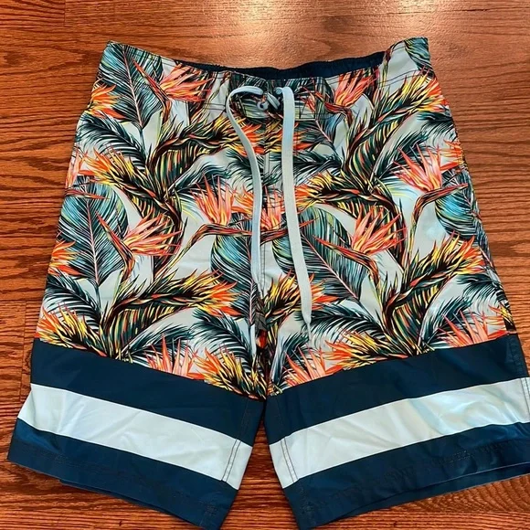OP Ocean Pacific men’s swim trunks SURF TROPIC print with color block leg Med