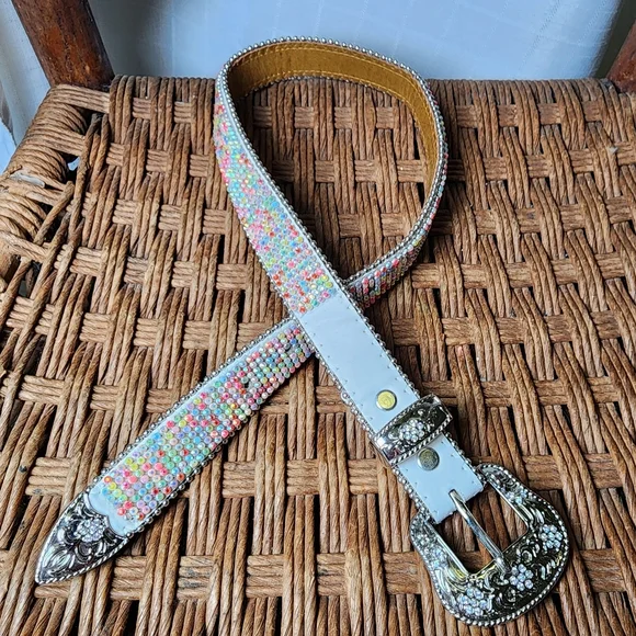 Girls White Leather Western Crystal Silver Buckle Belt 25‎