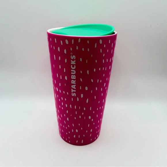 New Starbucks 2022 Summer Dots Strawberry Neon Pink Ceramic Travel Tumbler