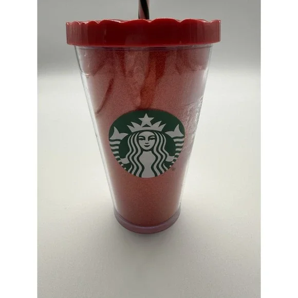 Starbucks Red Glitter Christmas Tumbler‎ BPA free Green Stripe Straw 16 oz